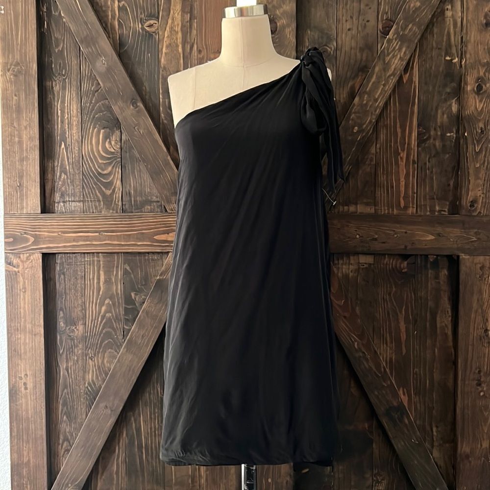 Olive Olivia silk mini dress one shoulder tie black Sz- Medium